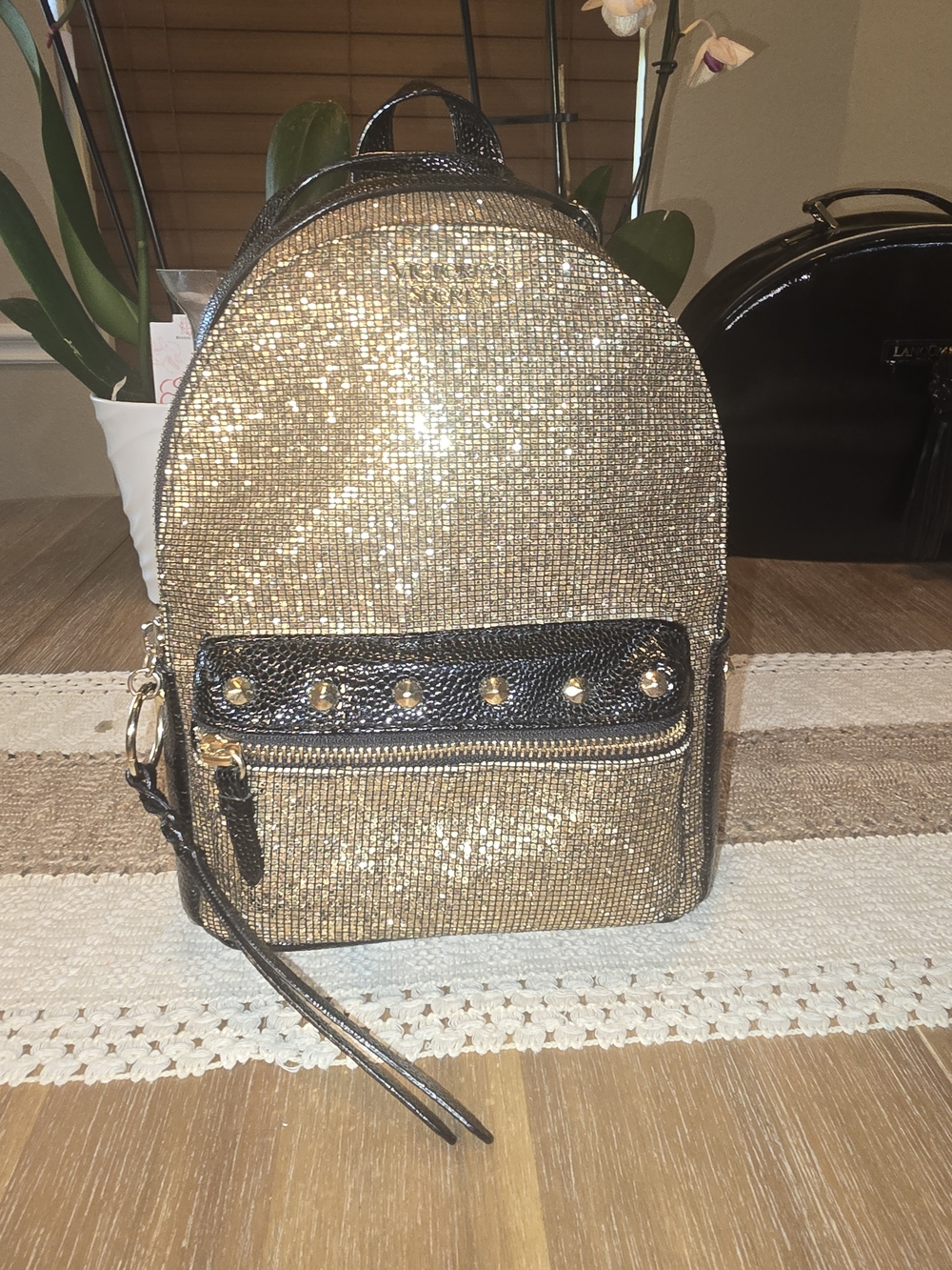 Victoria Secret Gold Glitter Mini Backpack with Black Trim